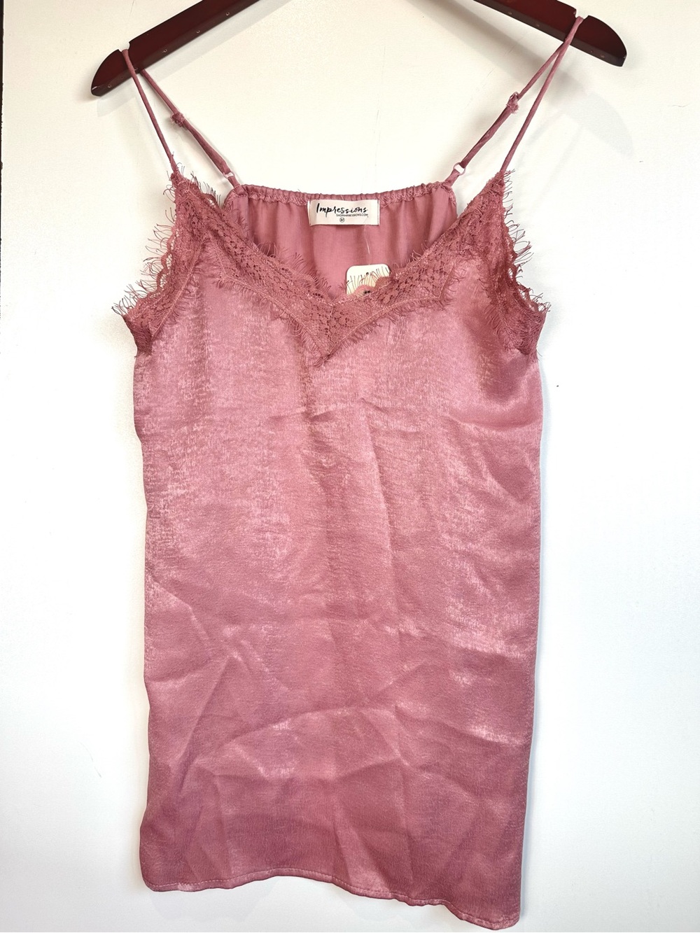Impressions Blush Pink Eyelash Lace Trim Satin-like Tank Top